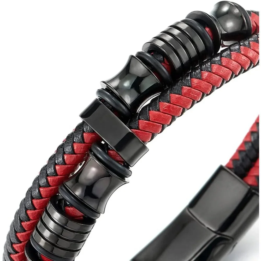 Edgy Black and Red Double-Row Leather Bracelet for Men - Perfect Gift Option - Picture 2 of 6